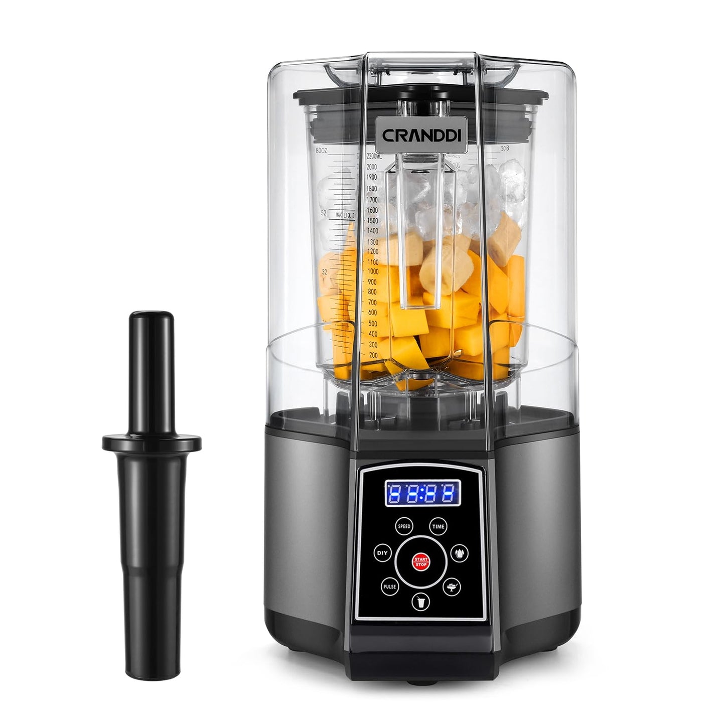 CRANDDI Smart Commercial Blender Digital Touch Screen with Removable Cover, 80oz Capacity, 3 Pre-Set Program with Smoothie, Juice, Cleaning and More, 1500W, 120V, K85TS (Grey)
