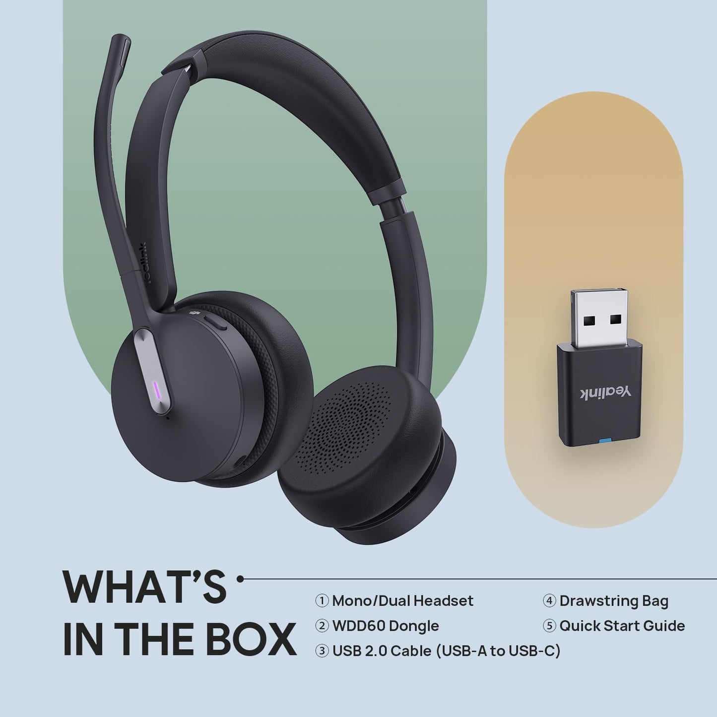 Yealink WH64 Hybrid DECT& Bluetooth Wireless Headset,492ft Range Dual Teams Headphones with DECT Dongle, 3X Noise Cancelling Mic, 32H Talk Time, Office Work Portable Headsets for PC,Cellphone,Laptop