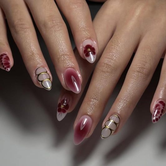 CJDLTS Flower Press on Nails Short Almond Red Floral Lines Pattern Design Gradient Acrylic Fake Nail Full Cover Glossy Almond Tip Artificial Fingernails 24Pcs DIY Press Ons Glue on Naisl for Women