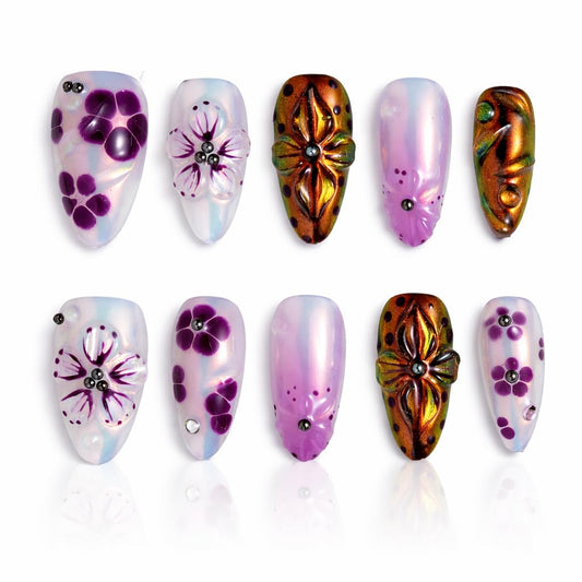 IntoVibes 10 Pieces Handmade Press On Nails Medium Almond, Purple Thickened False Nails With Floral Decoration, Reusable Fake Nails Almond, Reusable Acrylic Nails (S)