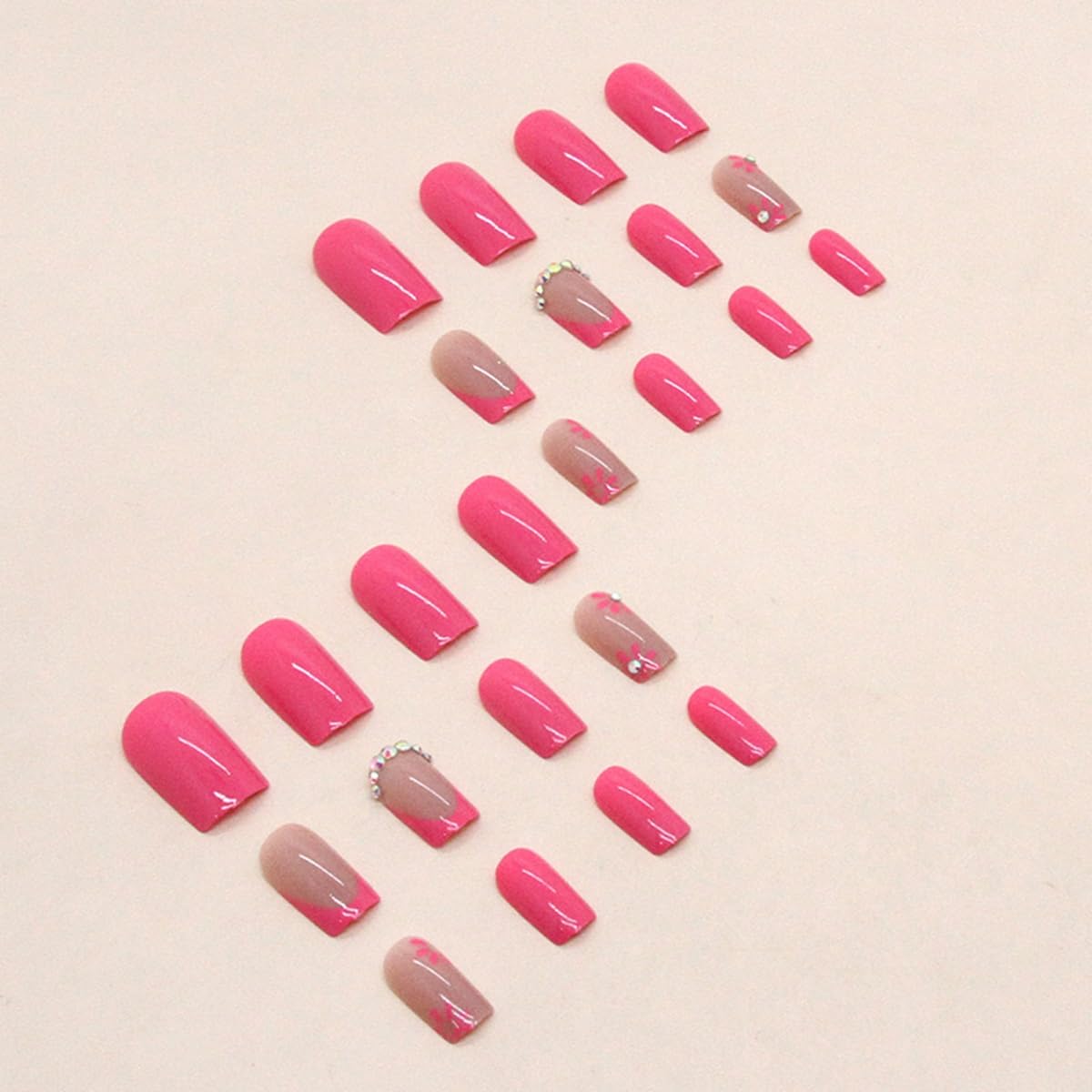 CTTHNBD Press on Nails Square - Medium Fake Nails with Flower Deisgn - Hot Pink, French Tip Stick on False Nails for Women - 24 Pcs
