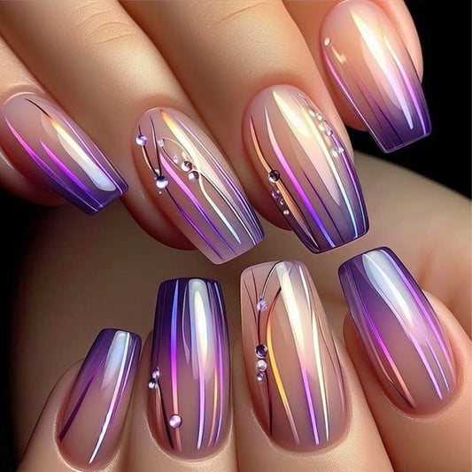 24 Pcs Magic Purple Gradient Press on Nails Medium Square Fake Nails Sparkly Curve Line with Diamonds Design False Nails Purple Gradient Acrylic Stick on Nails Glossy for Women Manicure Decoration