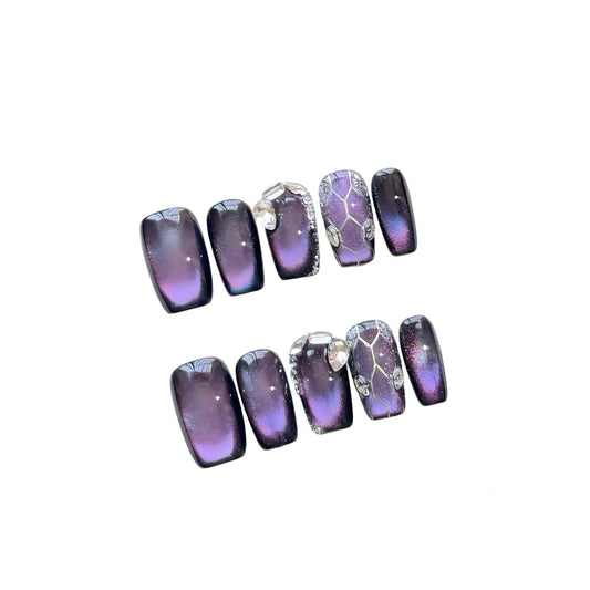 Purple Cat Eye Press On Nails - Galaxy Nebula Design with Crystal & Cracked Stone Accents, Short Coffin Shape, Reusable False Nails for Women (M)