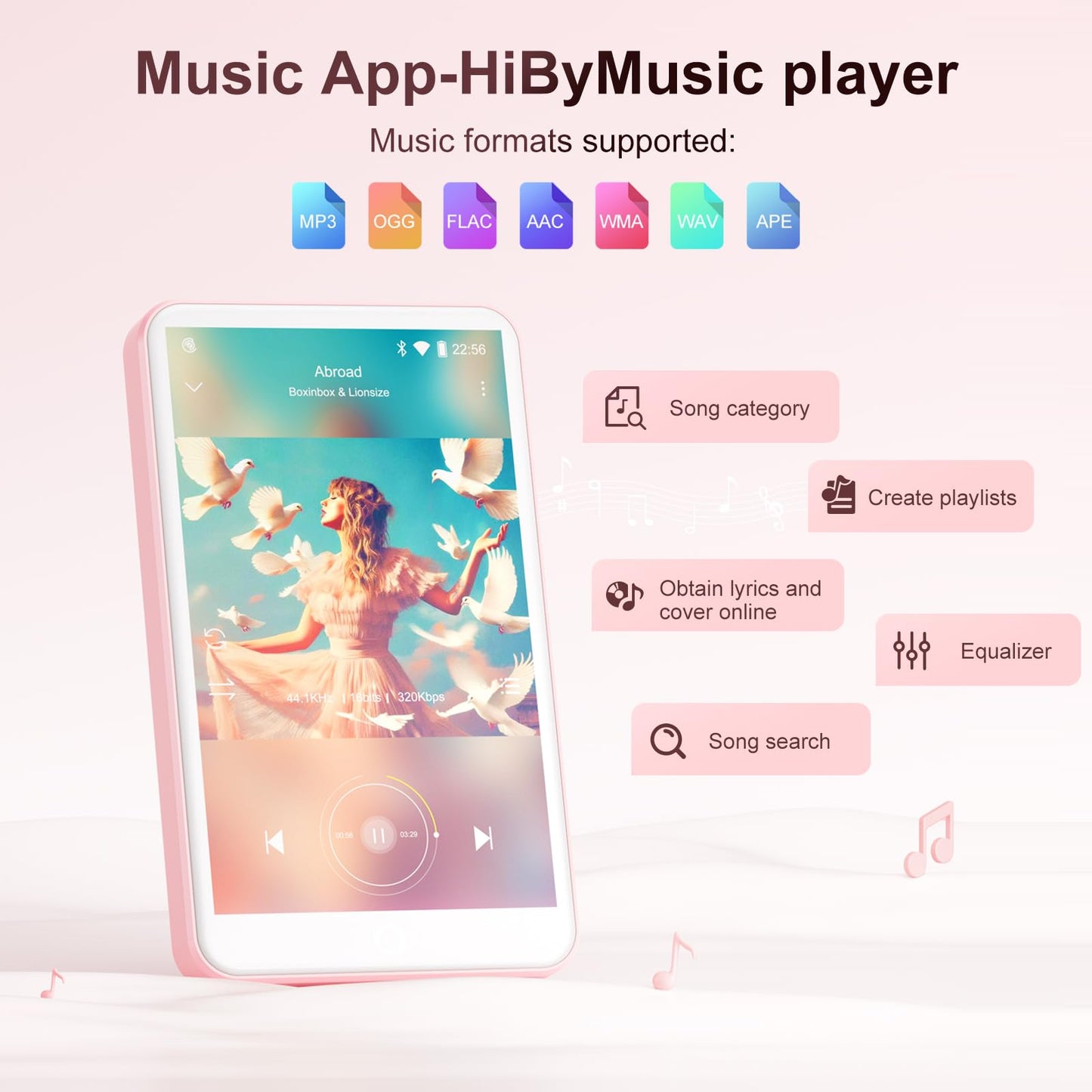 80GB MP3 Player with Bluetooth and WiFi, Mp3 & Mp4 Music Player with Spotify, Amazon Music, Deezer, Audible, Browser, 4.0" IPS Touch Screen Android Player with Speaker, FM Radio, Up to 512GB（Pink）