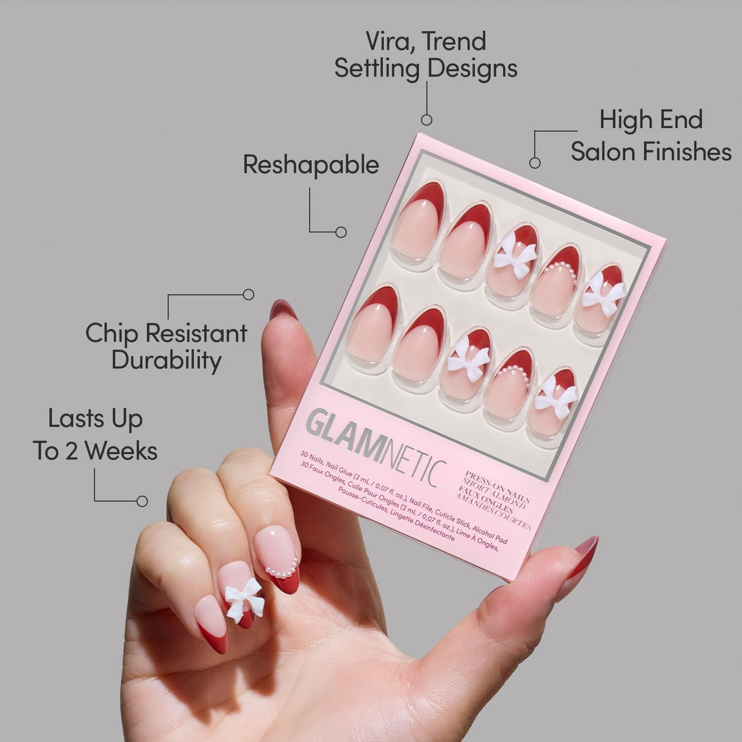 Glamnetic Press On Nails - Ruby Ribbons | Short Almond Fake Nails with Red French Tips & 3D Bows in a Glossy Finish, Salon Quality | 15 Sizes - 30 Nail Kit with Glue