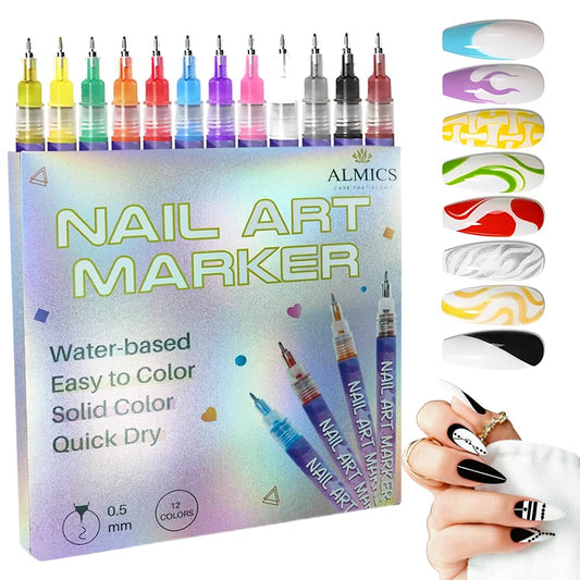 Almics 2026 New 12 Colors Nail Art Marker Pens Sets, 0.5mm Fine Tip Gel Nail Polish Pens, 3D Nail Art Set for Artistic Decorations & Manicure, Quick-drying Graffiti Dotting Point Liner Pens