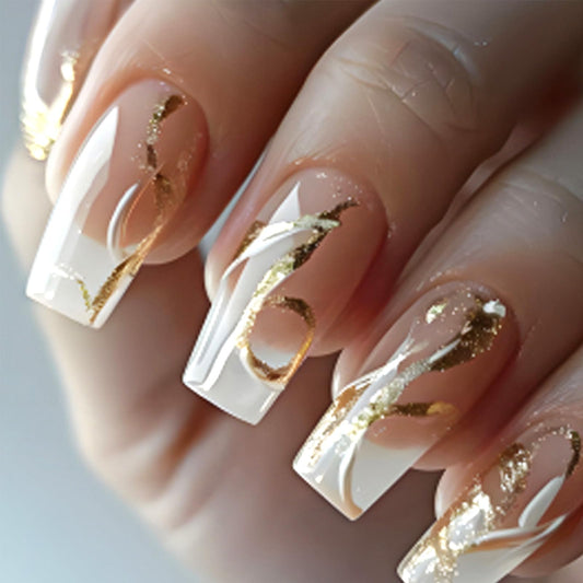 Gold Glitter Press on Nails Medium Square Fake Nails with Curve Lines Design Acrylic False Nail Tips Glossy Full Cover Stick on Nail Reusable Artificial Glue on Nails for Women Manicure 24Pcs