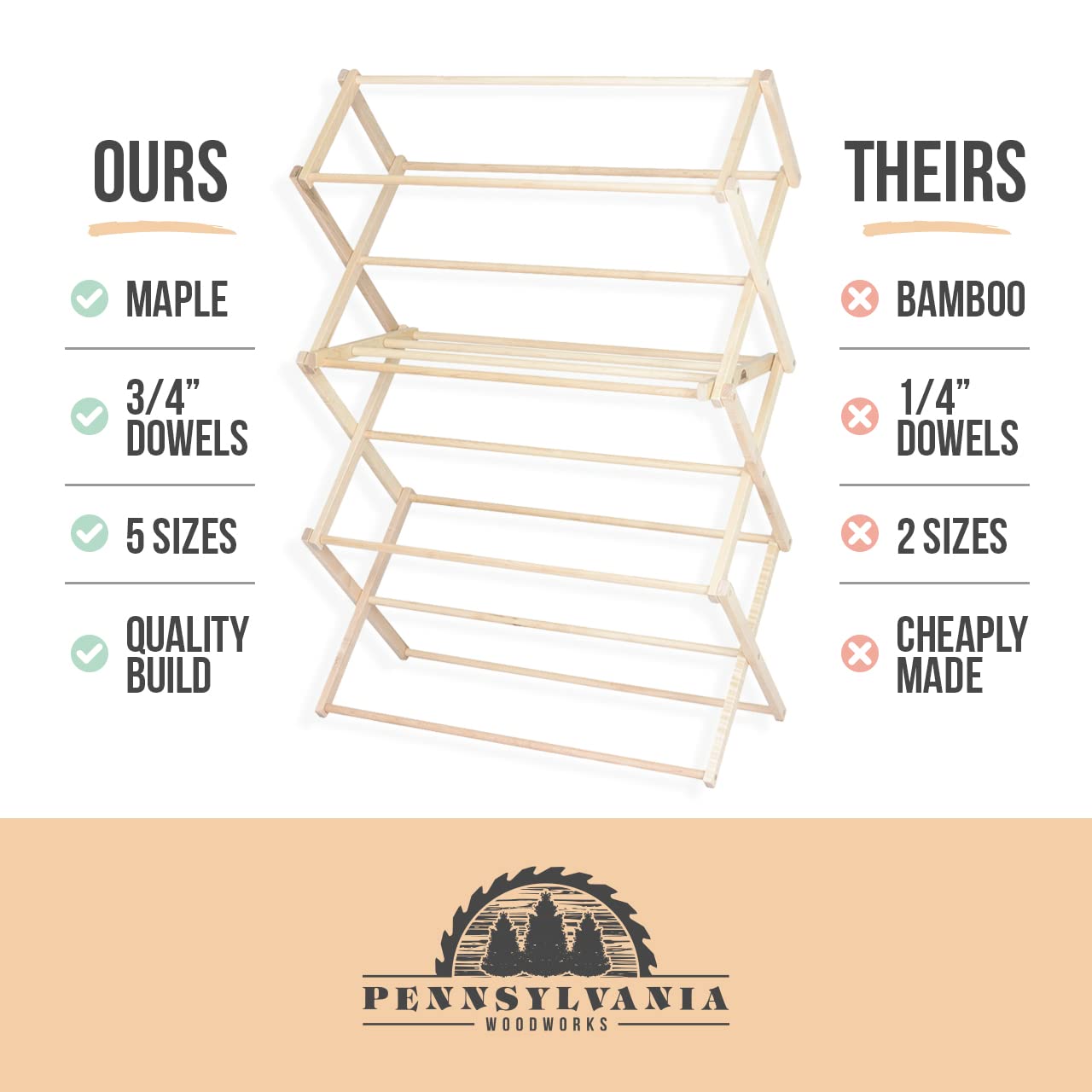 Pennsylvania Woodworks Clothes Drying Rack: Solid Maple Hard Wood Laundry Rack for Sweaters, Blouses, Lingerie & More, Durable Folding Drying Rack, Made in USA, No Assembly Needed, Medium