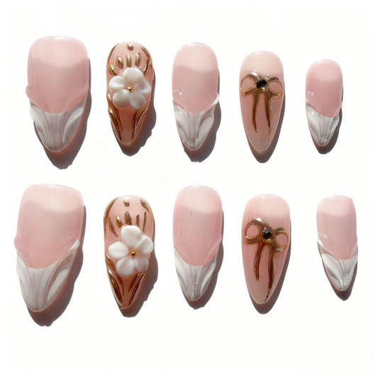 Handmade armor piercing light pink premium French 3D style nail patch small size