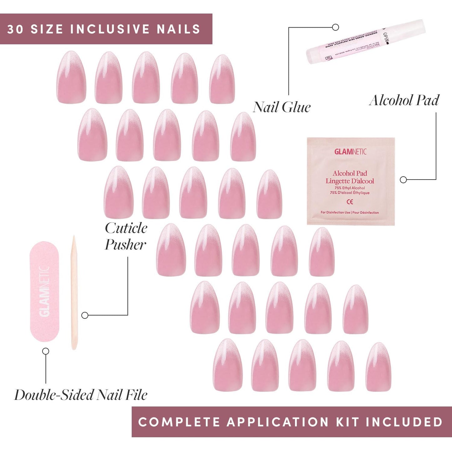 Glamnetic Press-On Nails Bundle - Lovers Blush & Caviar | Pink Short Almond Fake Nails with Glossy Velvet Finish | Short Almond Black French Tip False Nails | Reusable, Salon-Quality Nail Kits
