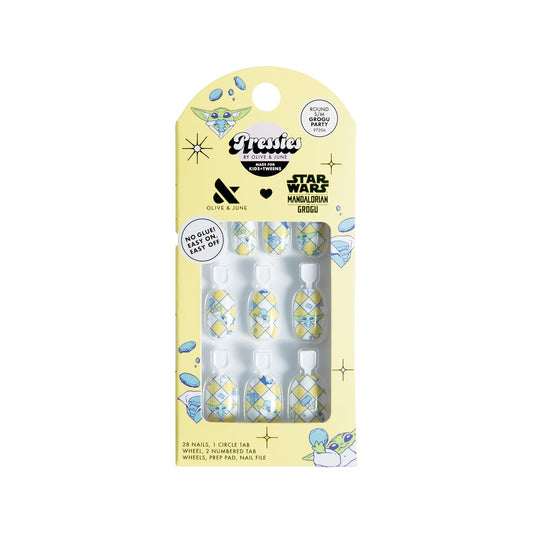 Olive & June Pressies Kids Press-On Nails (No Glue) | Star Wars: The Mandalorian & Grogu | 28 Fake Nails, 14 Sizes, 1 Nail File | Easy On-Off Mani Non-Toxic Tabs | S/M, Round | Grogu Party