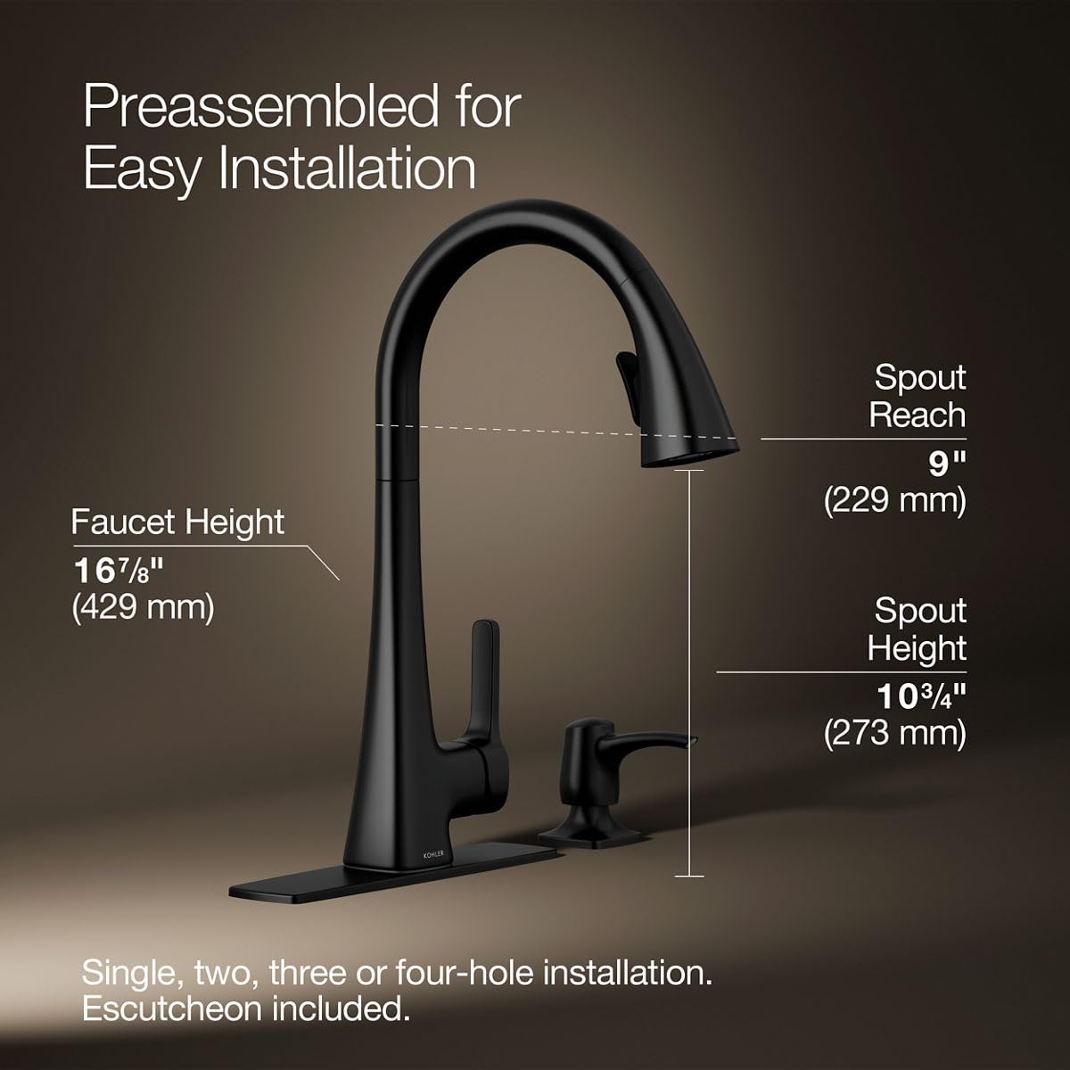 KOHLER R22867-SD-BL Maxton Pull-Down Kitchen Faucet with Soap Dispenser, Pull Down Sprayer, Matte Black