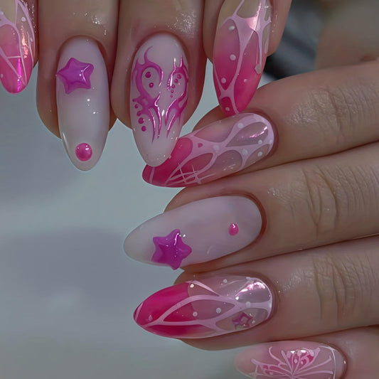 Valentines Press on Nails Medium Almond Artificial Acrylic French Fake Nails 3D Star with Irregular Love Coffin Nail Full Cover Glossy Heart Glue on Nail Artificial Fingernails Women Festival Manicure