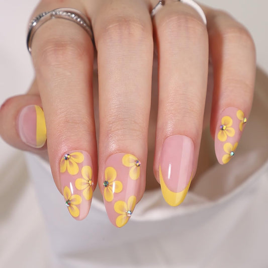 TOGZOM 30Pcs Almond Press on Nails Medium Yellow Flowers Fake Nails French Tips Nails Press ons Glossy Acrylic Nails with Rhinestone Glue on Nails Designs 15 Size for Women Manicure, Style10