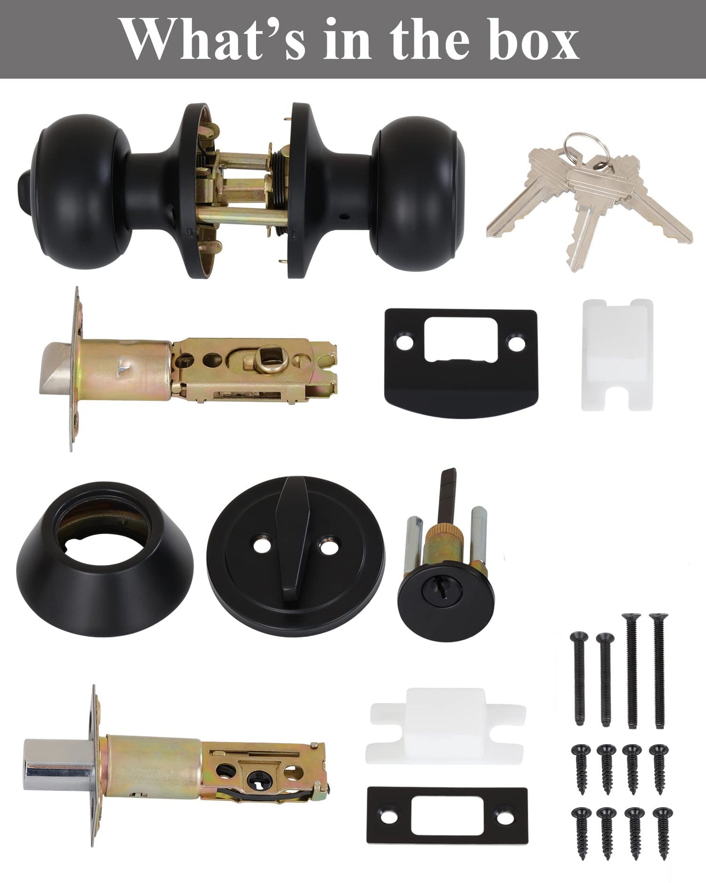 Lanwandeng （4 Sets） All Keyed Alike Entry Door Knobs and Single Cylinder Deadbolt Lock Combo Set, Security for Entrance and Front Door with Flat Ball Classic Matte Black Finish
