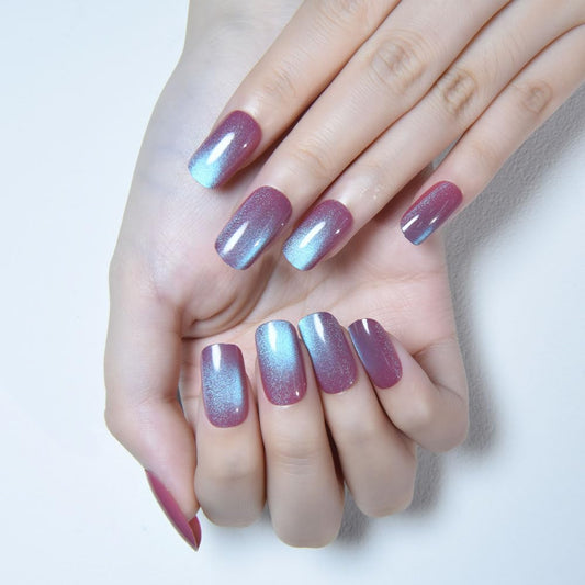 XZMeiLun Purple Reflective Blue Press On Nails - Cat Eye Medium Square Magnetic Acrylic Fake Nails, Stylish Design, Salon-Quality Shiny Finish, Reusable Stick On Nails Kit for Women (No Glue Included)