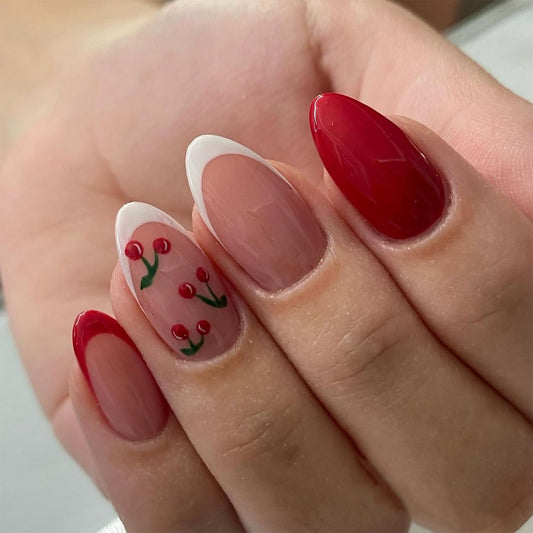 Almond Press on Nails Short Fake Nails with Cherry designs Stick on Nails Glossy Nude False Nails Full Cover White Red French Tip Acrylic Nails Gel Glue on Nails for Women Girls DIY Manicure24pcs