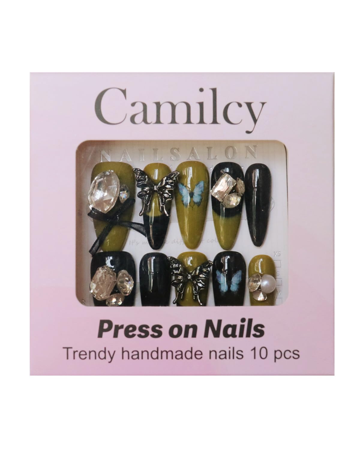 CAMILCY Press on Nails Handmade Nails Luxury Reusable Fake Nails For Girls long Almond Armor Green Black Diamonds HandPainted Salon Loveful Design Acrylic GelUV Finished 3D Nails 10PCS (A013, M)