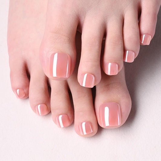 evpct Coral Glazed Press on Toenails Square for Women Gift, Glossy Square Fake Stick Press on Toe Nails, Soft Stick on Toenail Set with Kit, Lightweight Perfectly Fit Full Cover Fake Toenails 32Pcs