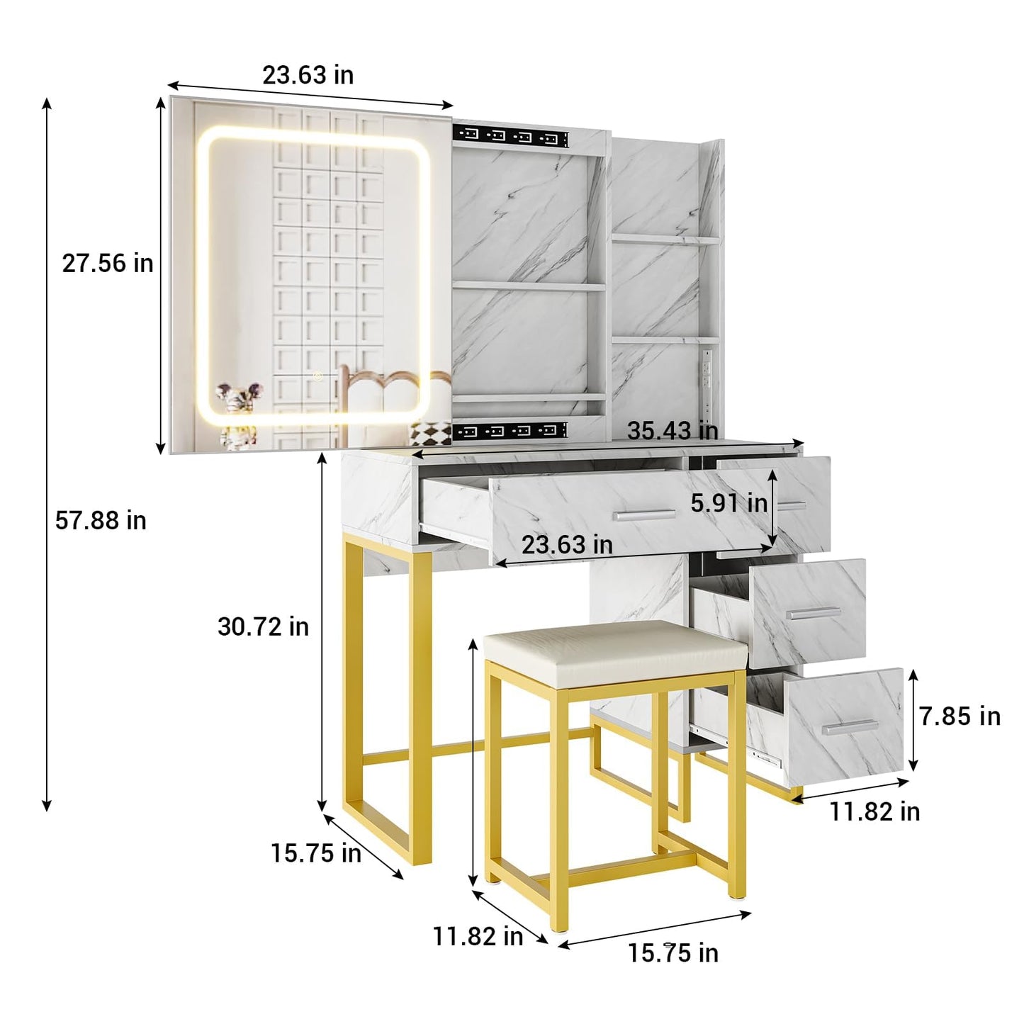 GAOMON 57'' Large Vanity Desk with Mirror & Lights, Makeup Vanity Table with Charging Station, 3 Lighting Modes, Elegant Vanity Set with 4 Drawers and Shelves, Cushioned Stool,Marble White