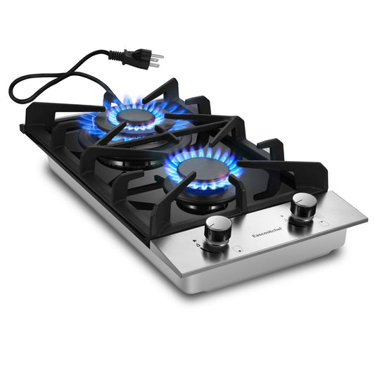 Eascookchef 2 Burner Gas Cooktop, 12 inch LPG/NG Dual Fuel Built-in Gas Stove Top, Black Tempered Glass Stove, Propane Cooktop for Apartment, Outdoor, RV, With Thermocouple Protection