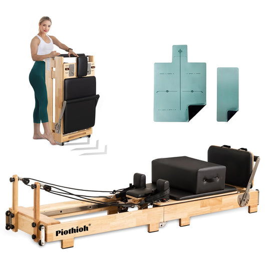 Foldable Wooden Pilates Reformer Machine - Oak Frame Home Studio Equipment with Jump Board, Sitting Box & 12 Adjustable Springs | Professional Grade Full Body Low-Impact Workout, 600 lbs Capacity