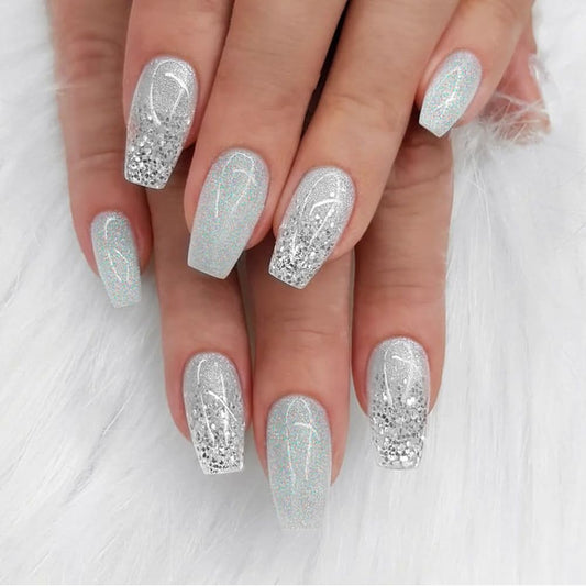 Hrnsnails Glitter Press On Nails Medium Coffin Fake Nails with Silver Bling Glitte Nail Press Ons Design, Artificial False Nails Press On Nail Kit Sparkly Sequins Stick On Nails for Women