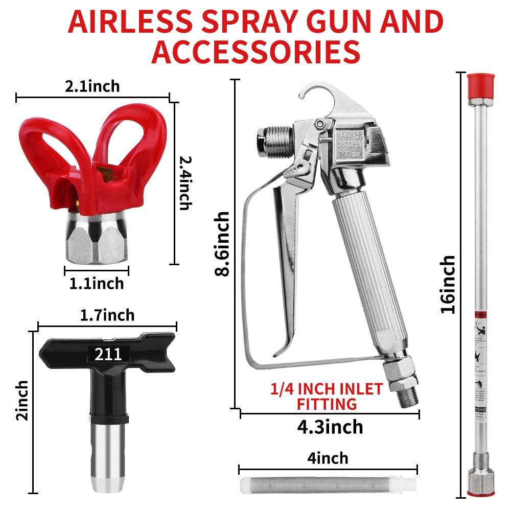 3600 PSI High Airless Paint Sprayer Gun with Nozzle Guard and with 5 Spray Nozzle Tips and 5 Airless Paint Sprayer Gun Filters and 16Inch(40CM) Spray Painted Extension Pole (211, 313, 415, 517, 623)