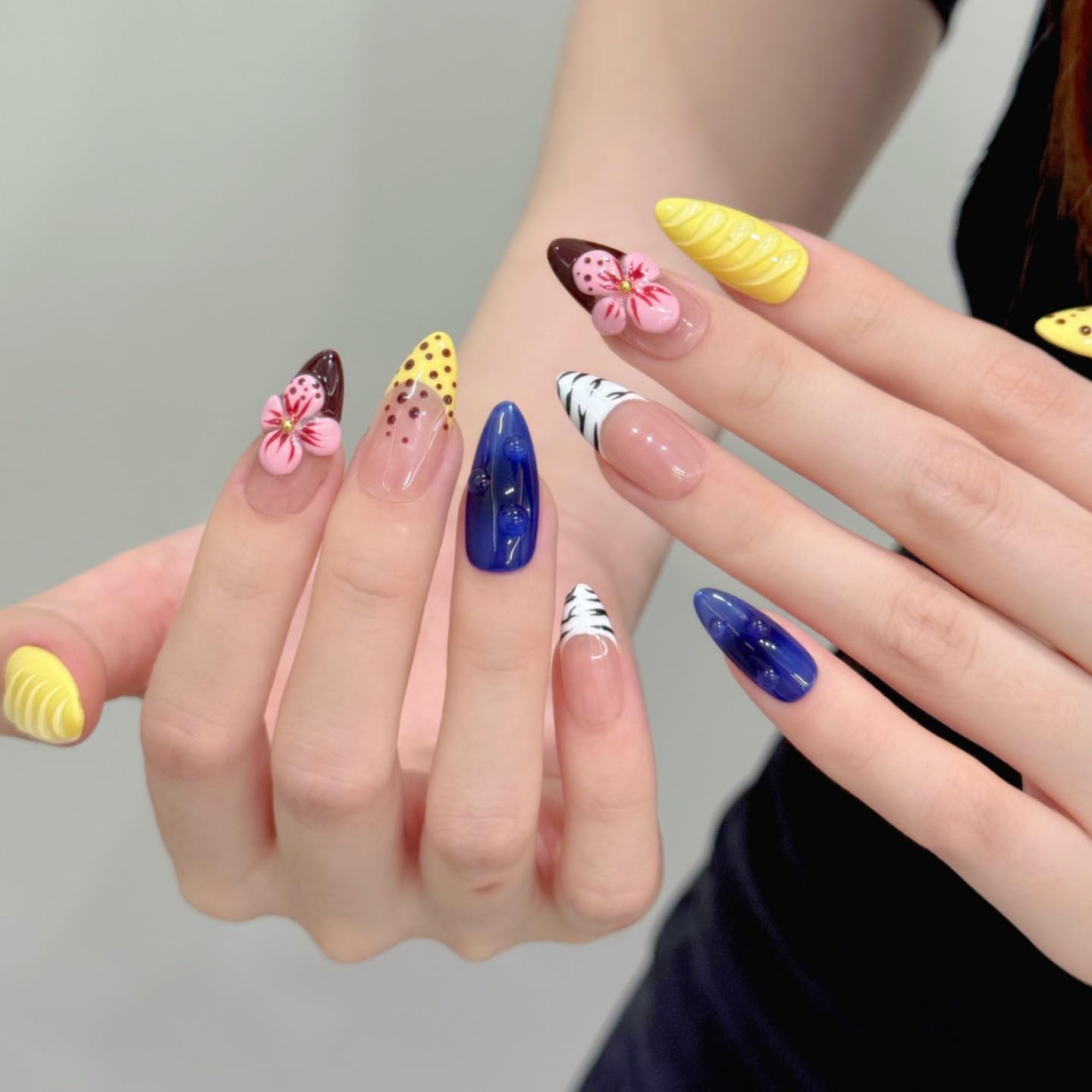 Tesytto Medium Almond Press on Nails – 3D Flower & Water Drop, Yellow French Tip Blue False Nails, Tropical Hawaiian Polka Dot Style Stick on Nails (Big Island-A,S)