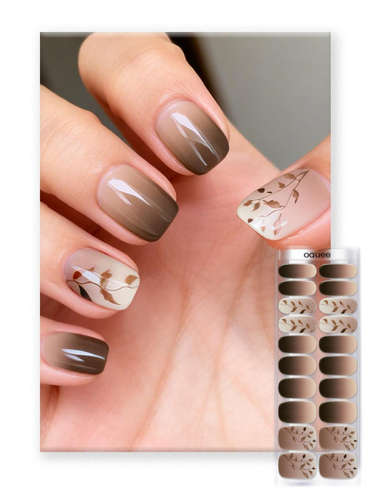 Oauee Semi Cured Gel Nail Strips | Built-In Gel Top Coat | UV Light Required | Salon Quality, Easy Application And Removal (Mocha Leaf Elegy）