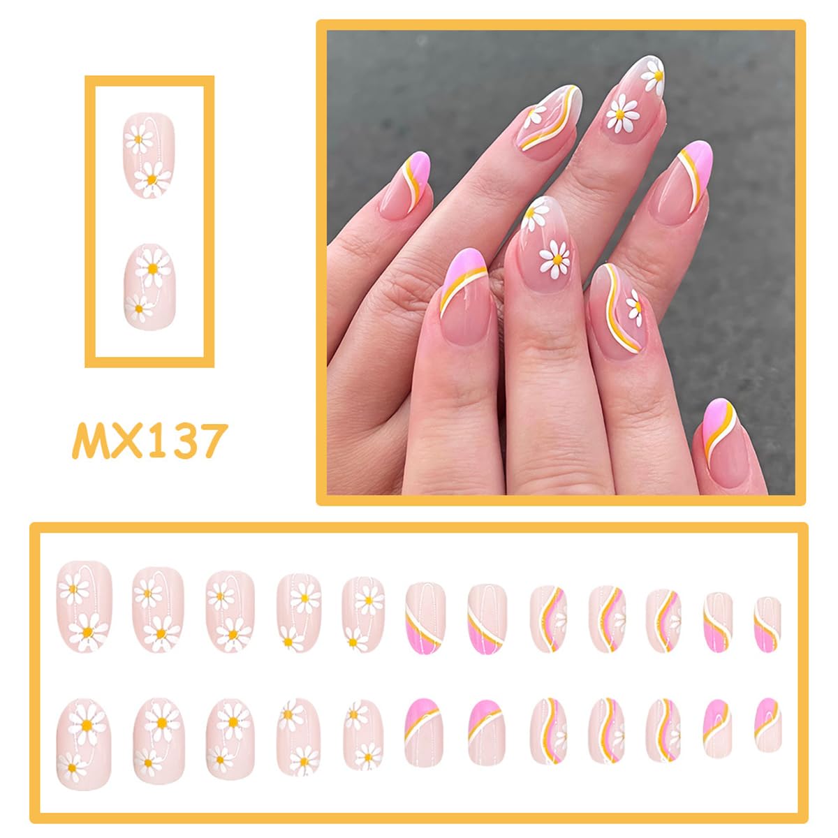 Spring Press on Nails Medium Oval Fake Nails Pink French Tip Nails Press ons with Cute Flower Striped Design,Reusable Artificial Nail Full Cover Stick on Nails for Women Manicure 24Pcs