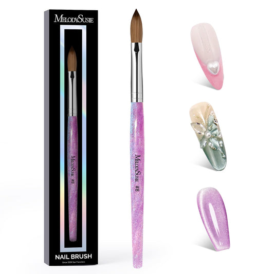 MelodySusie Kolinsky Acrylic Nail Brush,66% Kolinsky Hair Professional Nail Art Brush for Acrylic Application, Aurora Collection Fine Glitter Brush, Purple, Size 8