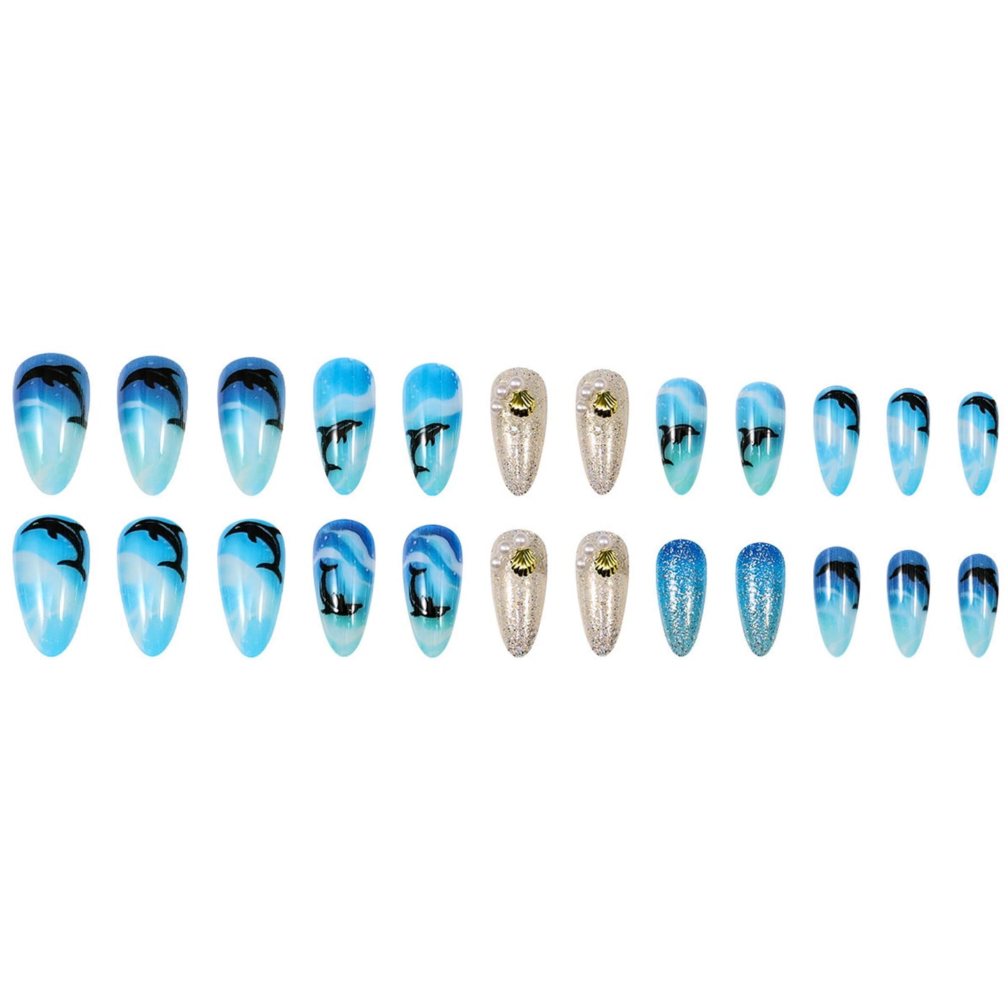 24Pcs Ocean Theme Press on Nails Medium Almond Fake Nails Ocean Blue Gradient with Dolphin & Wave Design Silver Glitter 3D Gold Shell & Pearl False Nails Acrylic Full Cover Stick on Nails for Women