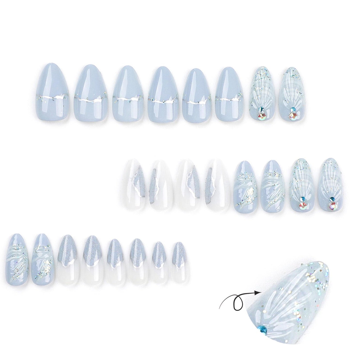 Press on Nails Medium Size Almond Color Acrylic False Nails 3D Mermaid Tail Blue False Nails with Glitter Rhinestones Design Stiletto Nails Press-On Gloss Full Coverage Stick-On Nails Women Gift LL02