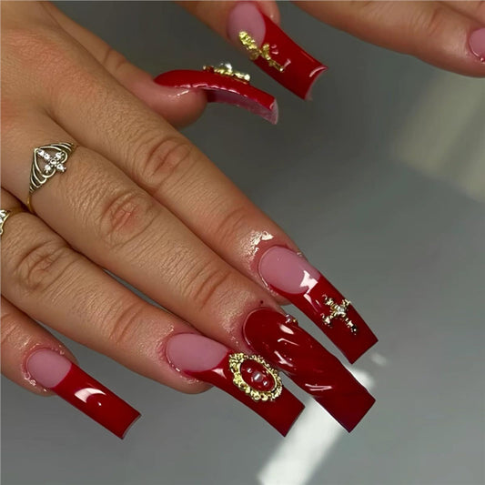 IMSOHOT Extra Long Press on Nails Curved Long Fake Nails Wine Red French Nail Tips, Golden Charms, Glossy, Acrylic False Nails Full Cover Handmade DIY Glue on Nails