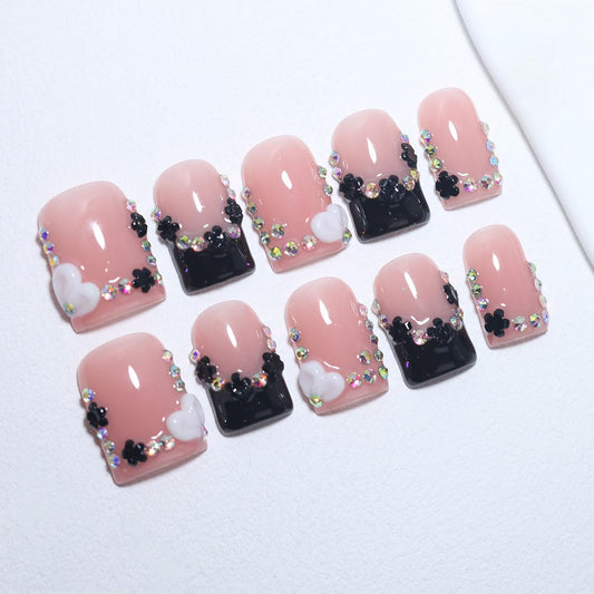 10Pcs Short Square Handmade Press On Nails | Easy Apply & Remove, Reusable Salon Quality Nails | Y2K Chic Nude Pink Fake Nails with 3D Heart, Black Flower & Rhinestone Accents(O905, S)