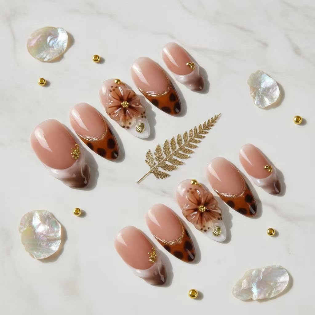 MikaJayboo Handmade Press on Nails Almond Nude Base with Brown French Tip Leopard Print Fake Nails with 3D Flower & Gold Beads for Women Glue on Nails for Daily & Party Wear 10Pcs (Size M)
