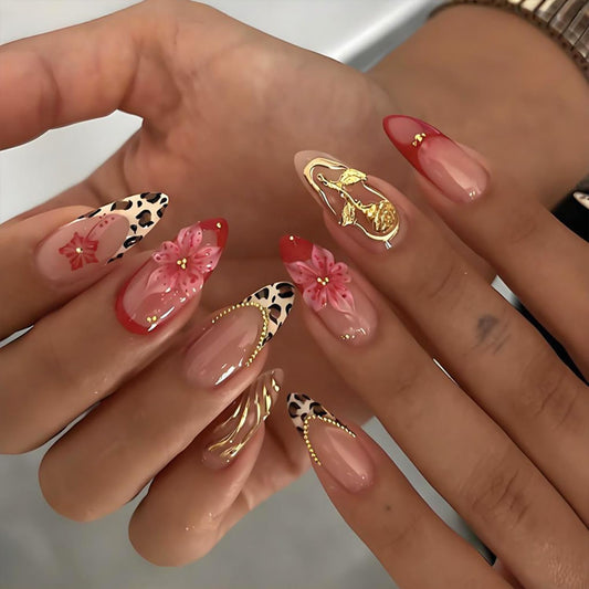 24Pcs Leopard Print French Tip Press on Nails Medium Almond Flower Fake Nails with Gold Rose Rhinestones Design Pink Full Cover Artificial Glue on Nails Glitter Stick on Nails for Women Spring Set