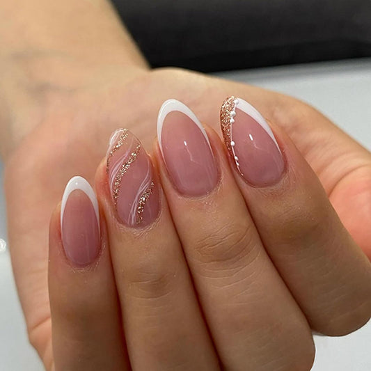 XZMeiLun Spring Summer White French Tip Press On Nails, Medium Almond Shape, Rose Gold & Golden Shiny Designer Fake Nails, Reusable Acrylic False Nails, Salon Quality for Women & Girls Daily Wear