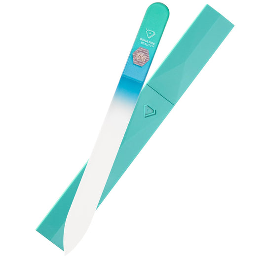 Bona Fide Beauty Glass Nail File with Case (Aqua) - 1 Piece Luxurious Gifts for Women, Crystal Etched Nail File for Natural Nails
