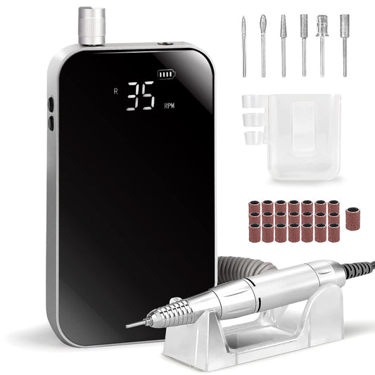 Cordless 35000 RPM Electric Nail File,Portable Acrylic Nail Drill,Rechargeable Nail Drill with 6 Bits and 50pcs Sanding Bands for Manicure Salon Home, Black