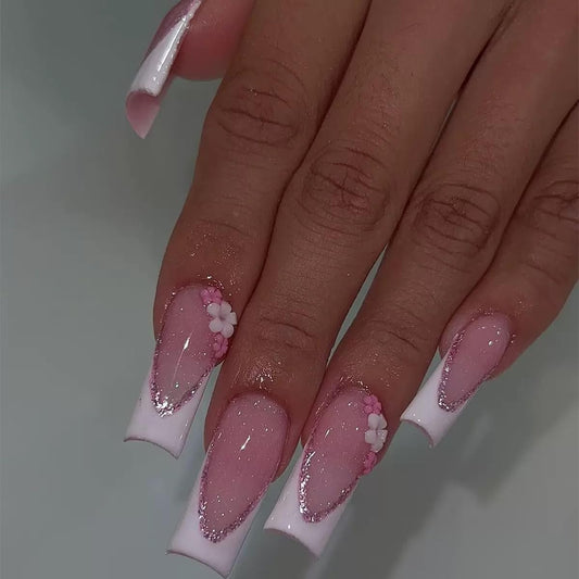 Long Press on Nails Square - White French Tip Fake Nails with Flower Chrams Design - Glossy Glitter Full Cover Stick on False Nails - for Women 24 Pcs