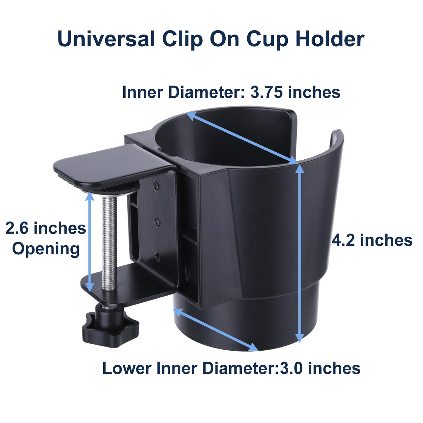 Universal Large Desk Cup Holder Clamp on, Heavy Duty Plastic Drink Holder for Table, Porch Swing, Patio Chair, Clip On Anti-Spill Bottle Holder for Most Cups, Bottles, Cans, Tumbles, Black, Pack of 1