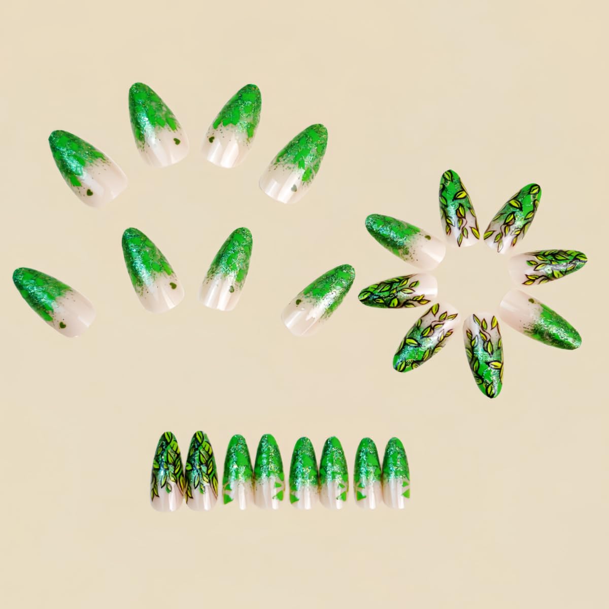 Green Plant Gradient Press on Nails Medium Almond Fake Nails Glitter Gradient False Nail Design Green Leaves Glossy Acrylic Nails for Women Girls DIY Manicure Decoration 24Pcs