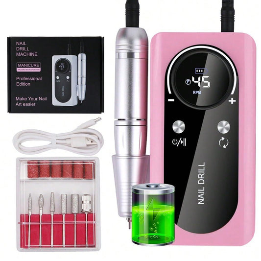 Professional 45000RPM Electric Portable Nail Drill Machine Rechargeable Low Noise Nail Sander File for Manicure Salon Tool (Pink)
