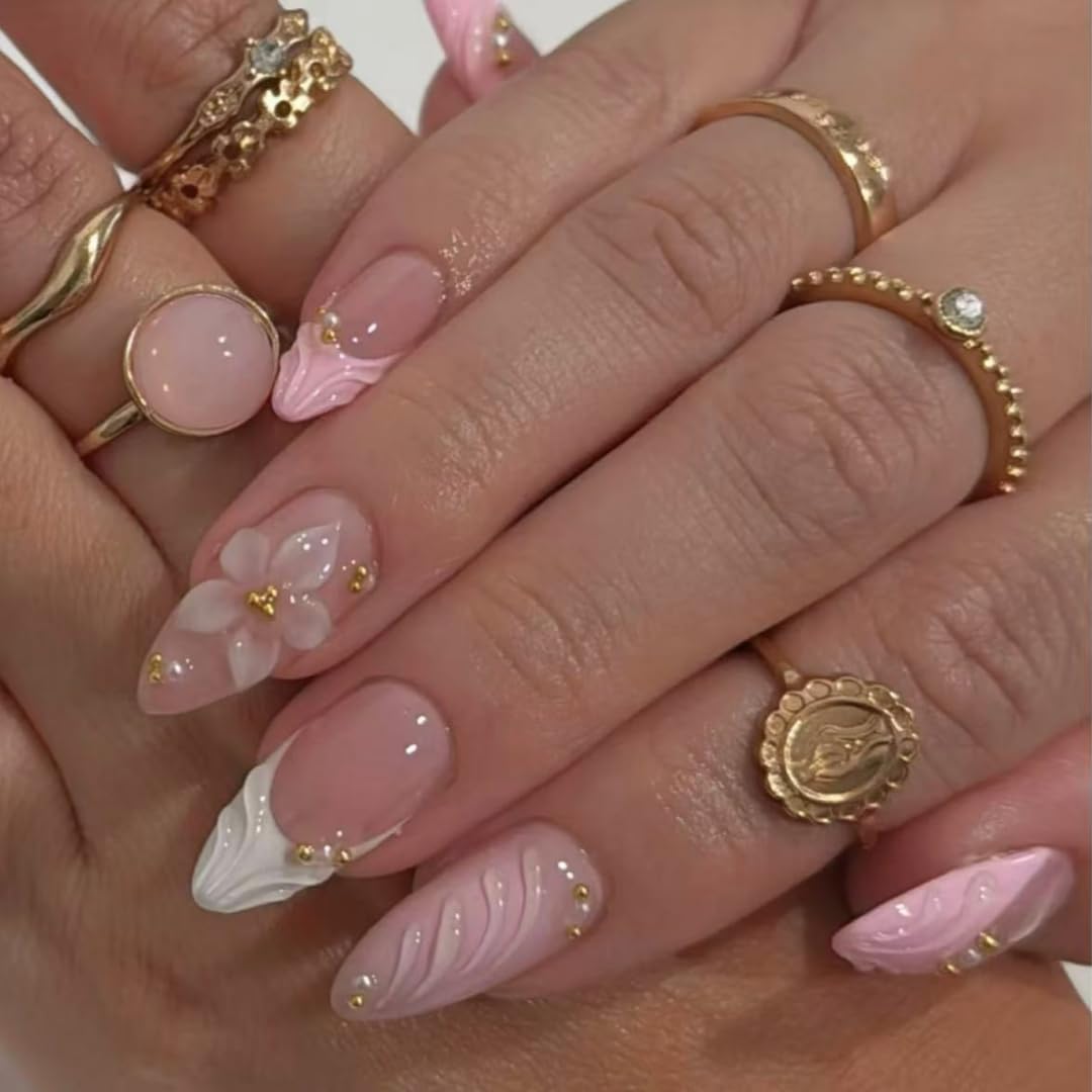Handmade French Tip Press on Nail Almond Fake ons with Designs Chrome False Nails Long Glossy Full Cover Glue on Nails Stick Women Nails Manicure Decoration 10Pcs (MT-169-L)