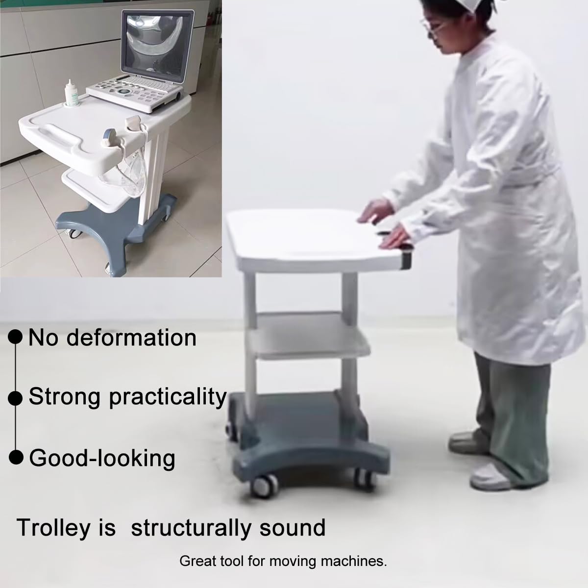 INTSUPERMAI Mobile Trolley for ultrasonic Imaging Scanner System Portable Ultrasound cart White 3 Layers with 2 Brake Wheels,4 Wheels 3 Holes