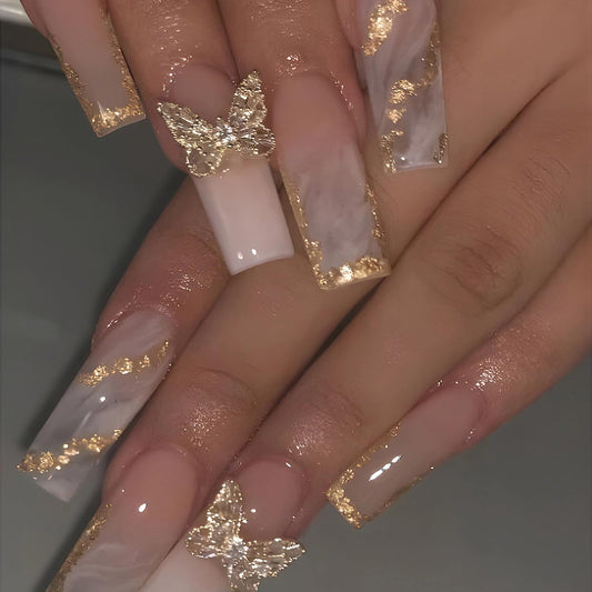 MISUD Press on Nails - Long Square Glue on Nails with Ombre, Acrylic Gold Butterfly Design 24 pcs