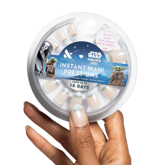 Olive & June Instant Mani Press-On Nails (Glue) | Star Wars: The Mandalorian & Grogu | 42 Fake Nails, 21 Sizes | Non-Toxic, Long-Lasting Up to 14 Days | Short, Round | Blue Chrome Grogu French