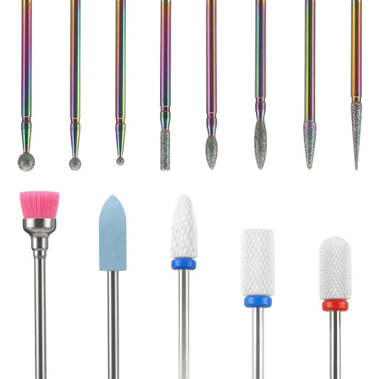 Cuticle Nail Drill Bits Diamond & Ceramic Grits Professional Nail Drill Bits for Electric Nail Files, Manicure Pedicure, Gel & Acrylic Nails, Home Salon Use (13 Packs）